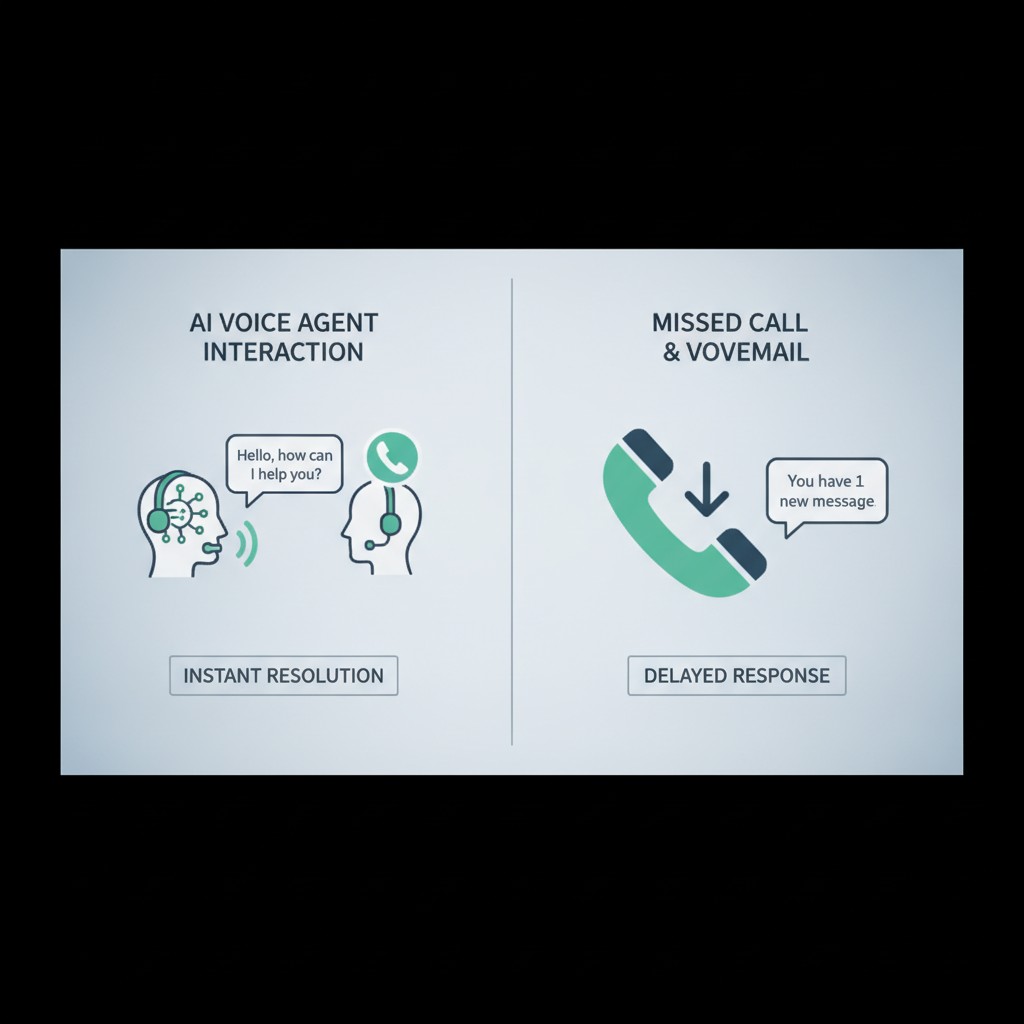 comparison graphic showing AI voice agent interacting with caller versus voicemail icon with missed call