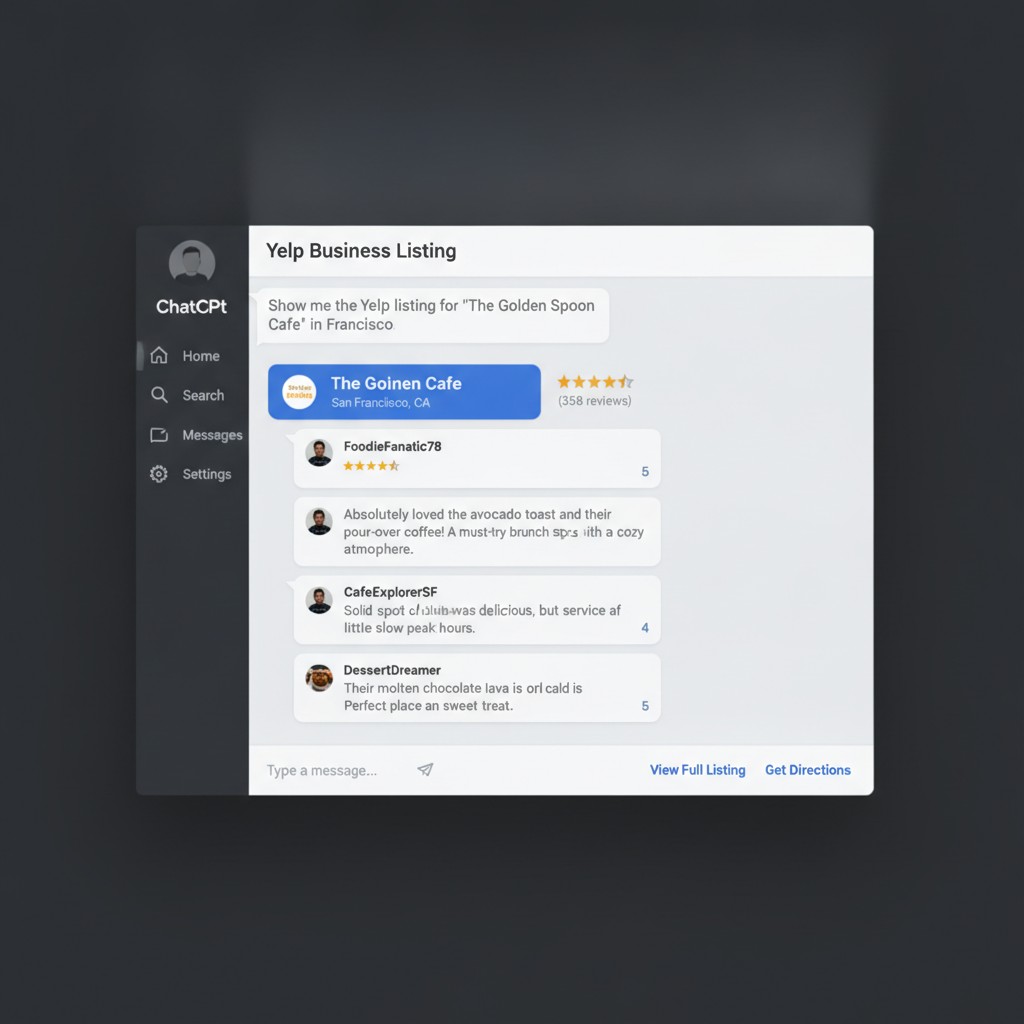 ChatGPT interface showing Yelp business listing with reviews and ratings