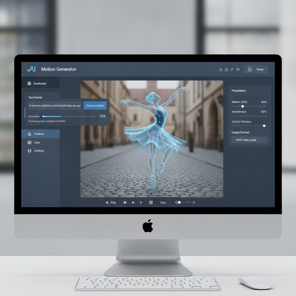 AI model generating realistic human motion from text prompt on computer screen