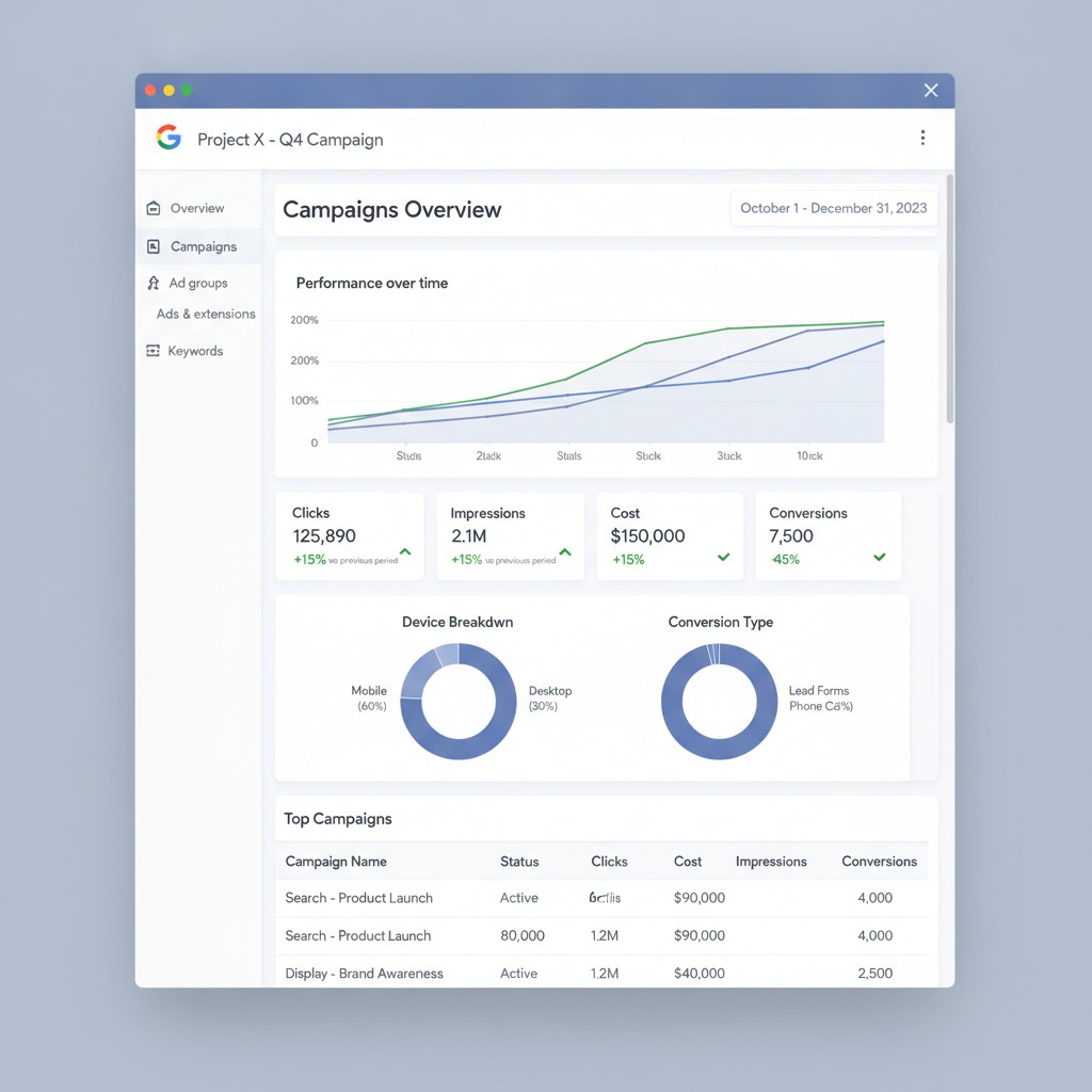 screenshot of Google Ads campaign performance dashboard with charts