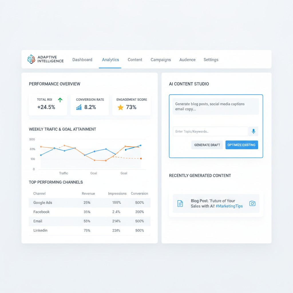 AI marketing dashboard showing analytics and content generation tools