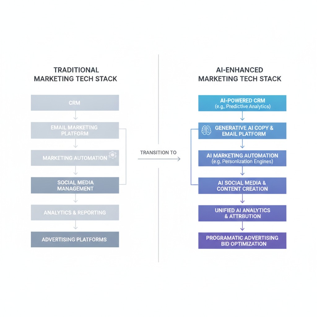 flowchart comparing traditional marketing tech stack vs AI-enhanced stack