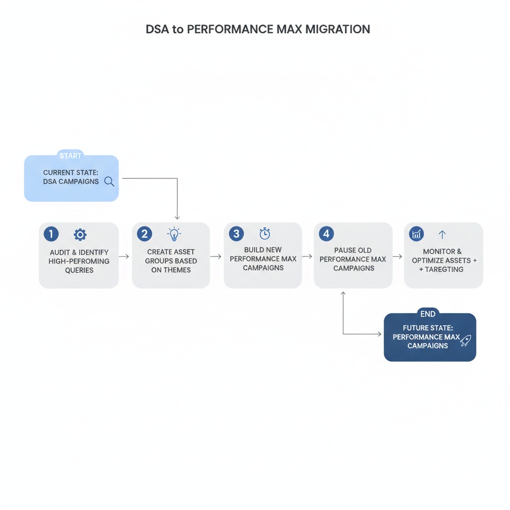 flowchart showing migration from DSA to Performance Max campaigns