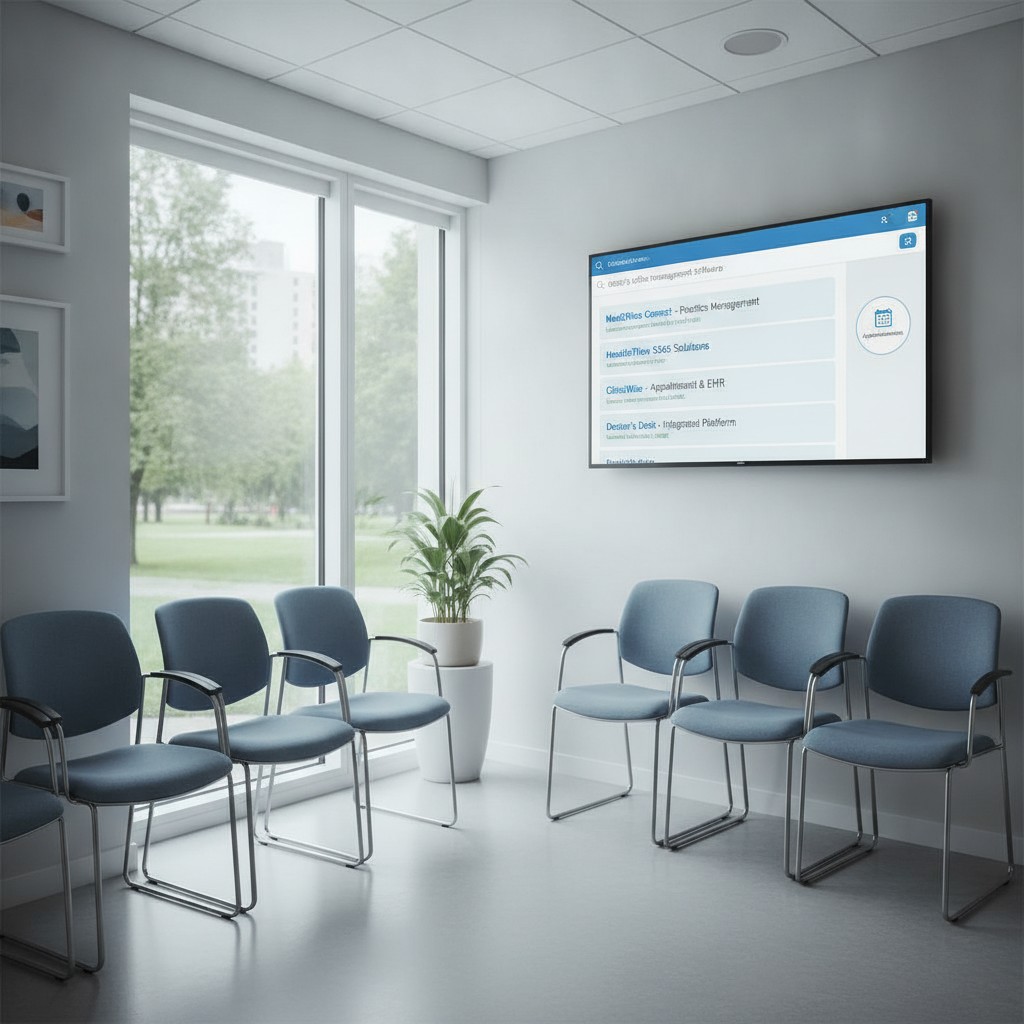 doctor's office waiting room with empty chairs and a computer screen showing a search engine results page