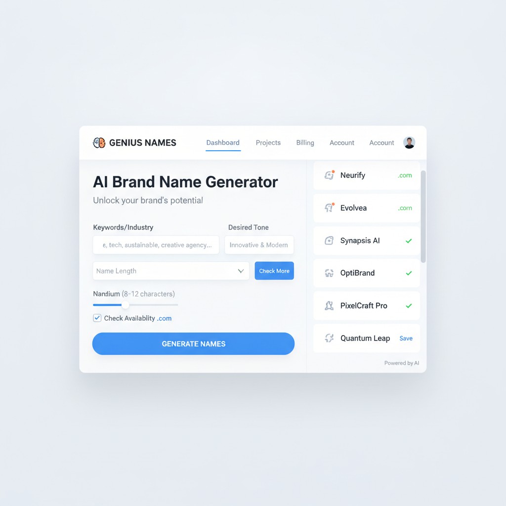 ai brand name generator tool interface with name suggestions