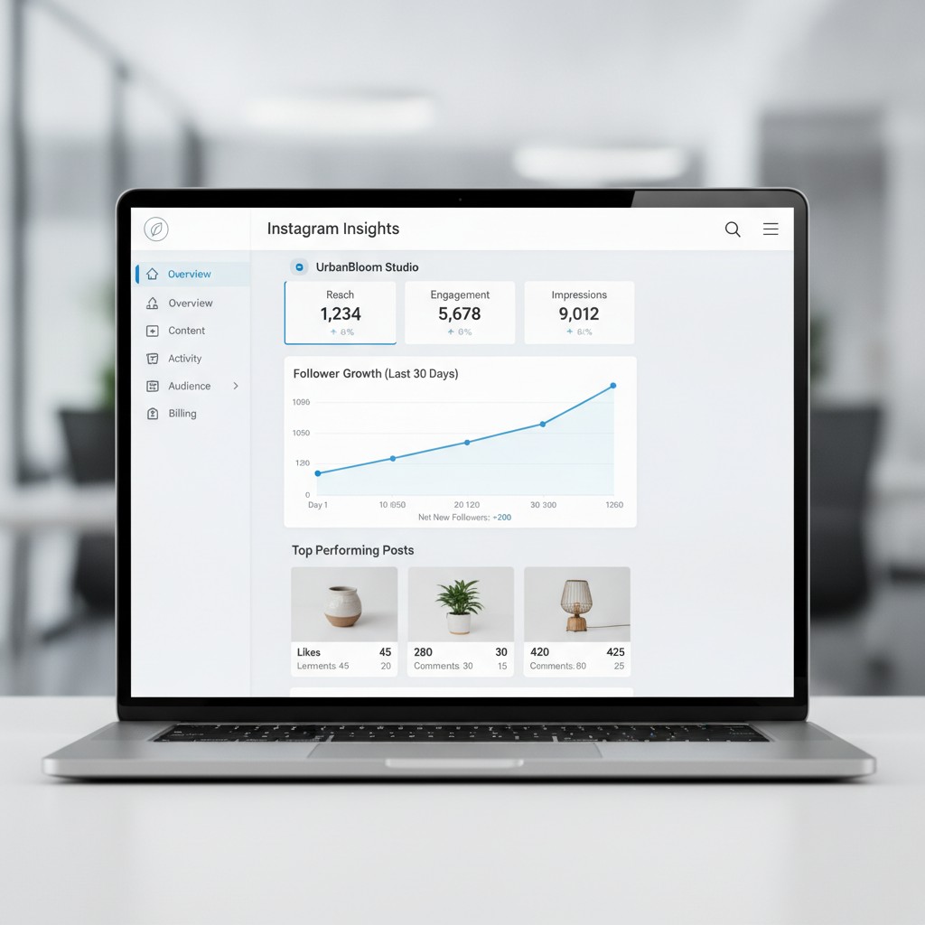 Instagram business profile showing engagement metrics and follower growth chart