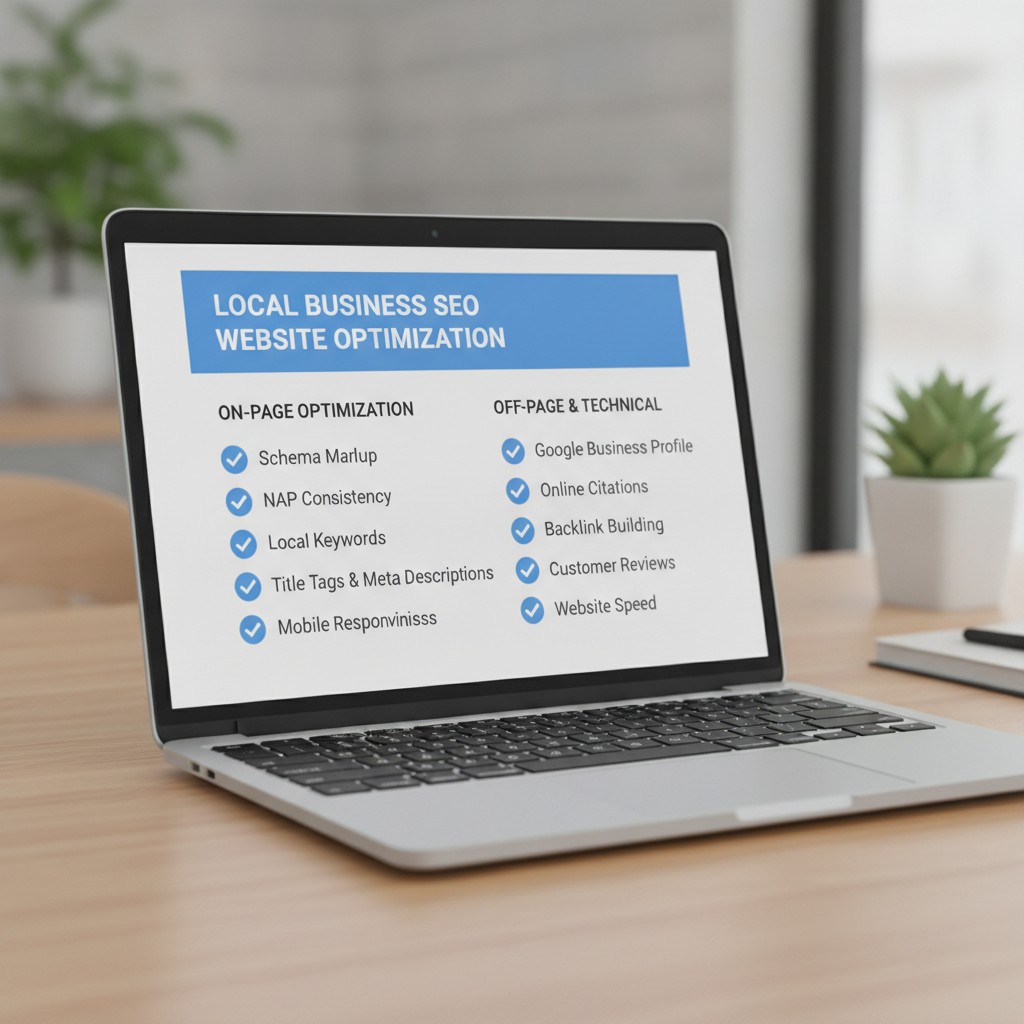 checklist for local business SEO website optimization on laptop screen