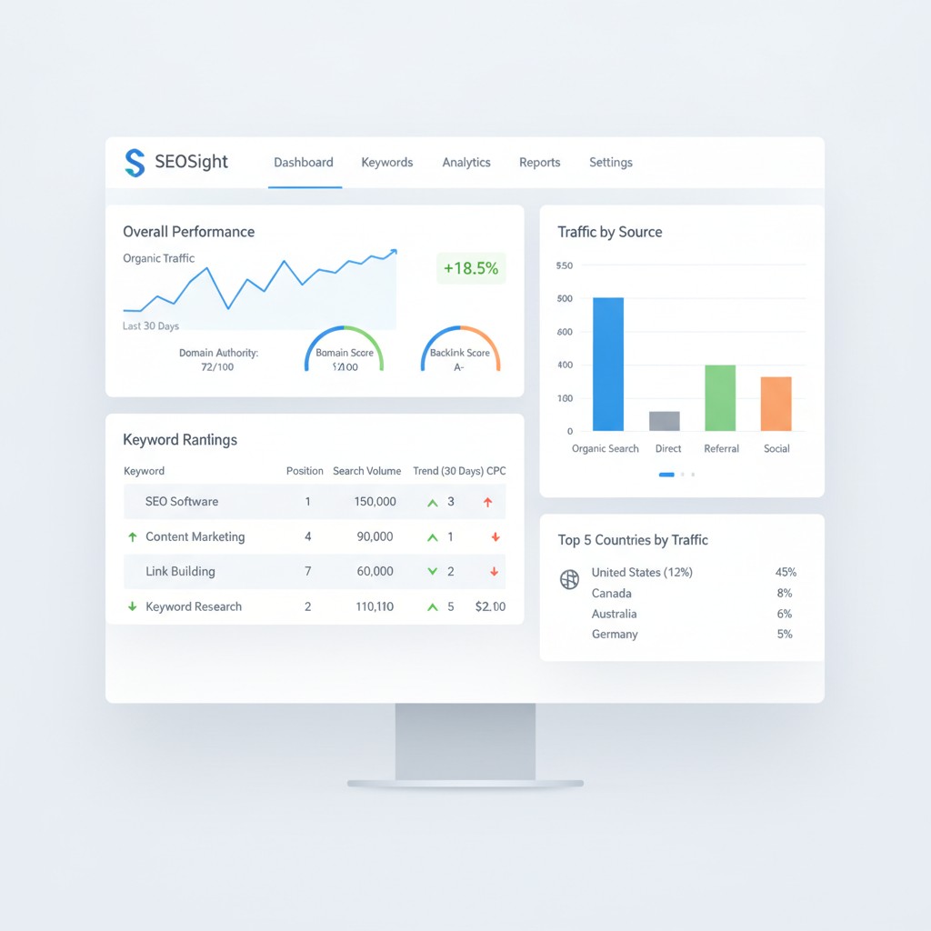 SaaS SEO dashboard with graphs and keyword data