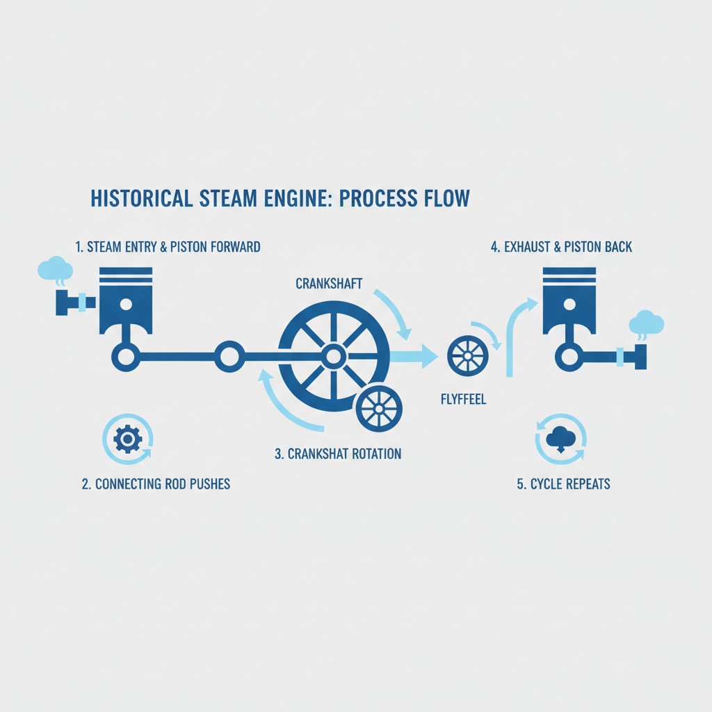 diagram of a historical steam engine's reciprocating piston and crankshaft mechanism