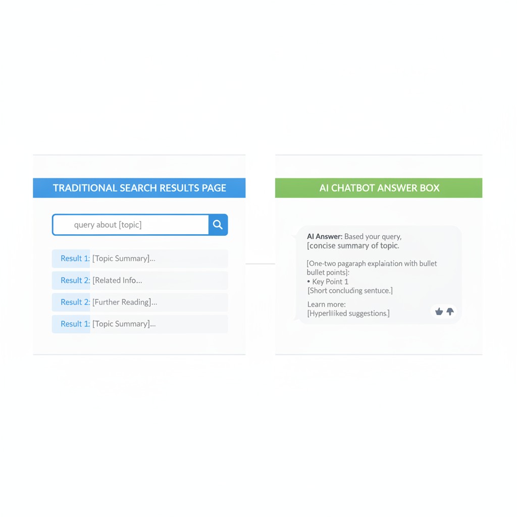 infographic comparing traditional search engine results page with AI chatbot answer box