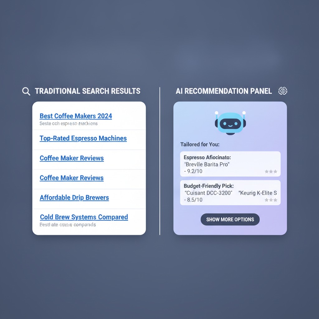 split screen showing search results vs AI recommendation panel