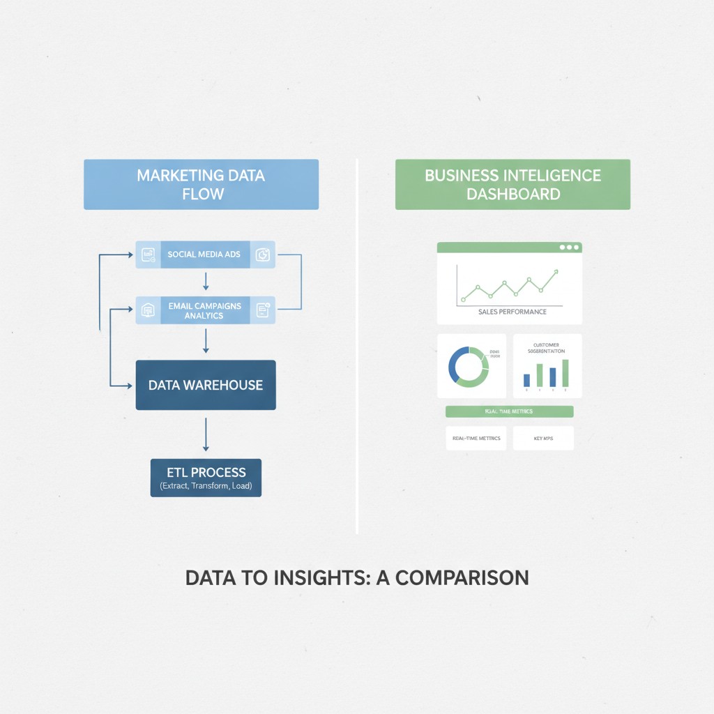 marketing data flow chart to business intelligence dashboard comparison