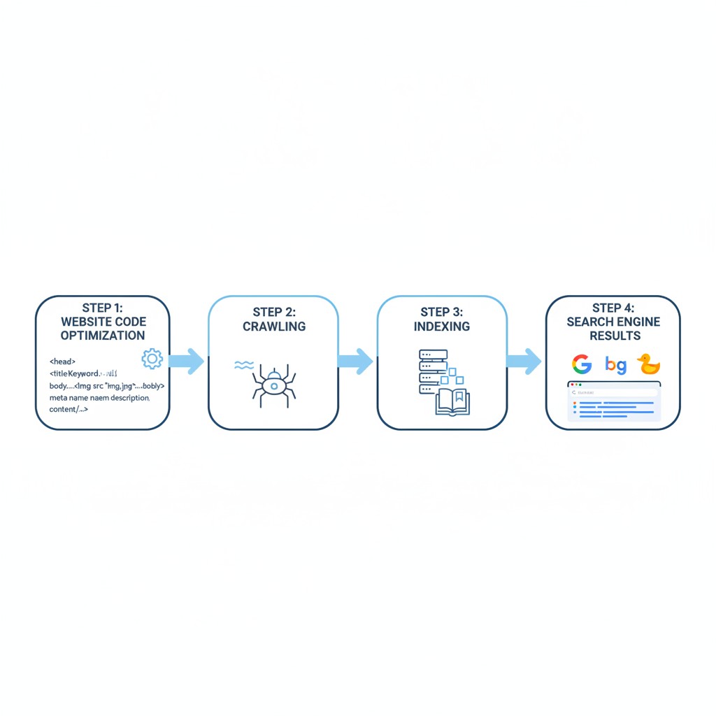 diagram showing website code snippets and search engine icons connecting