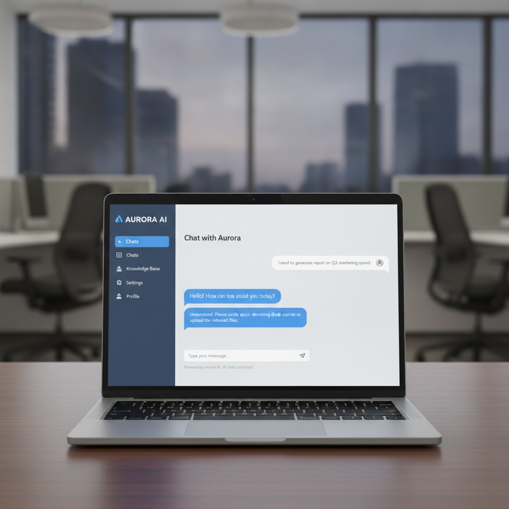 AI chatbot interface on a modern laptop screen in an office