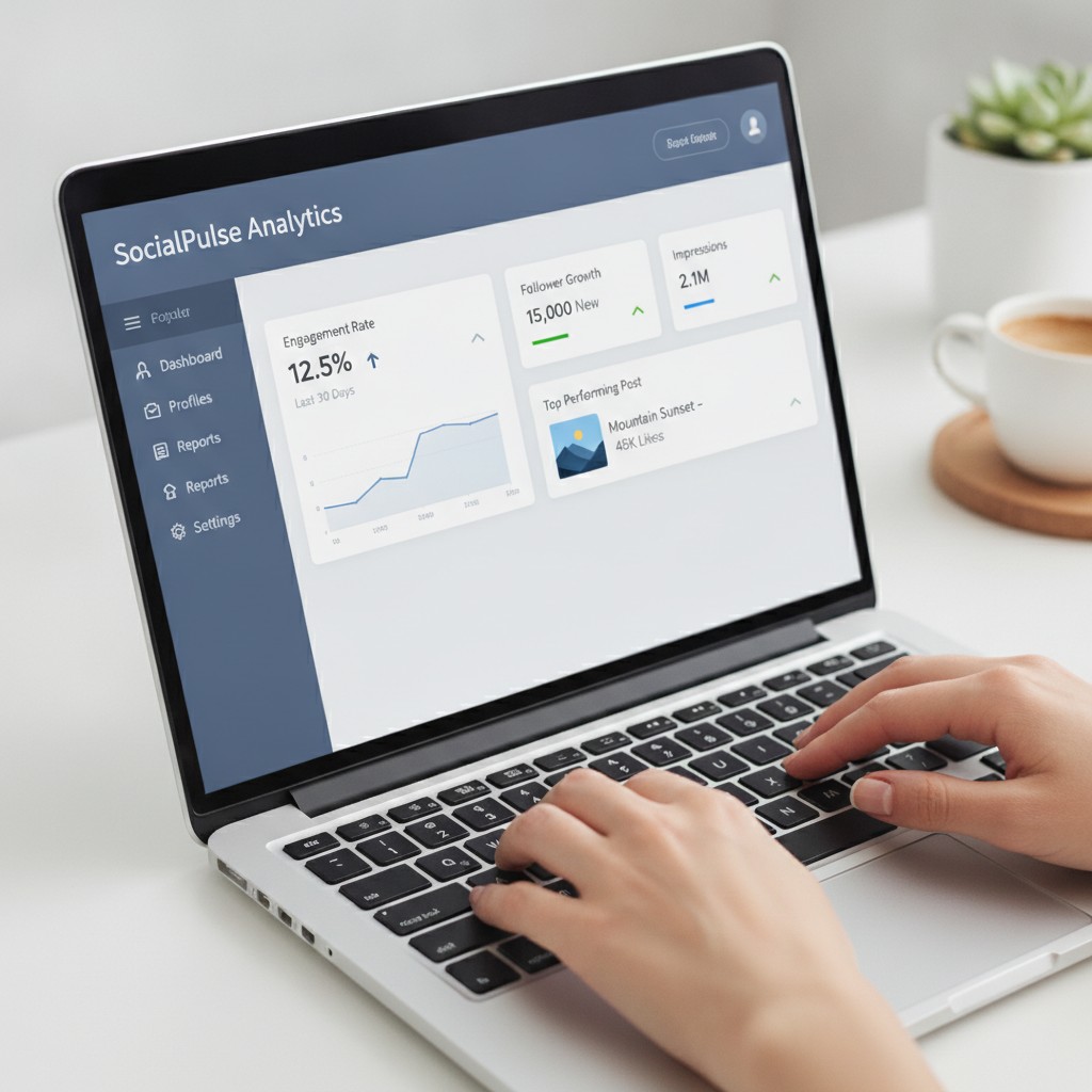 close-up of hands typing on a laptop showing social media analytics dashboard