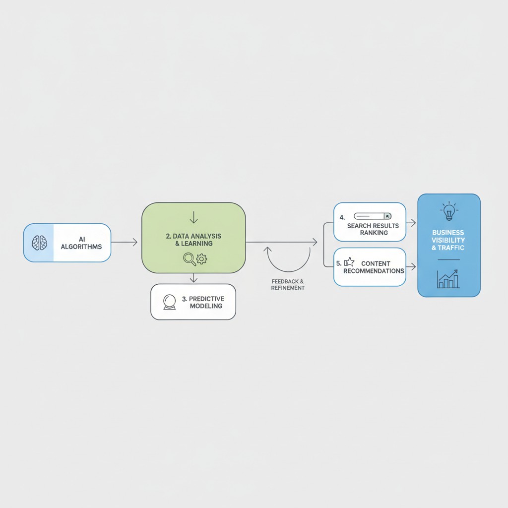 flowchart showing AI influencing search results and business visibility