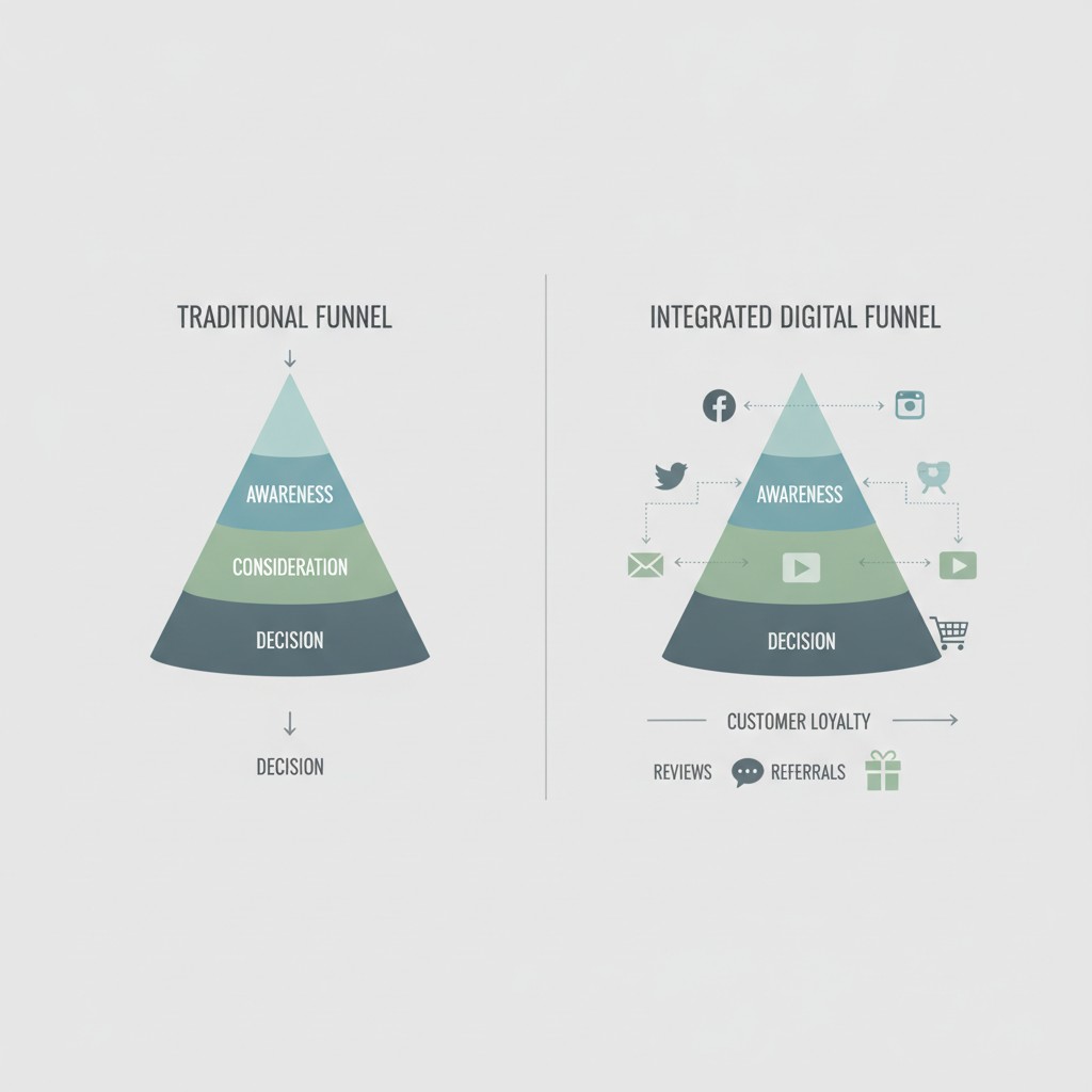 marketing funnel diagram showing social media email and video integration