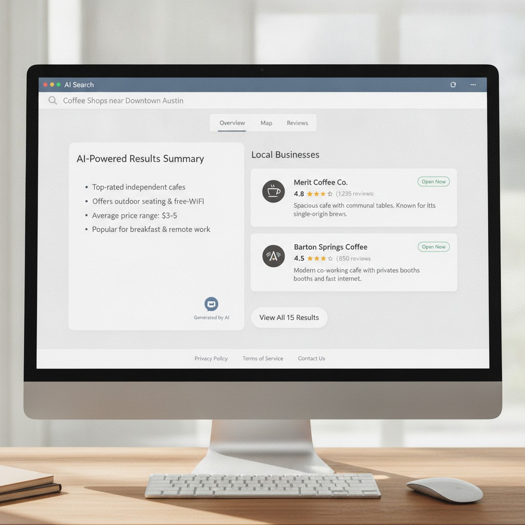 computer screen showing AI search overview with local business results