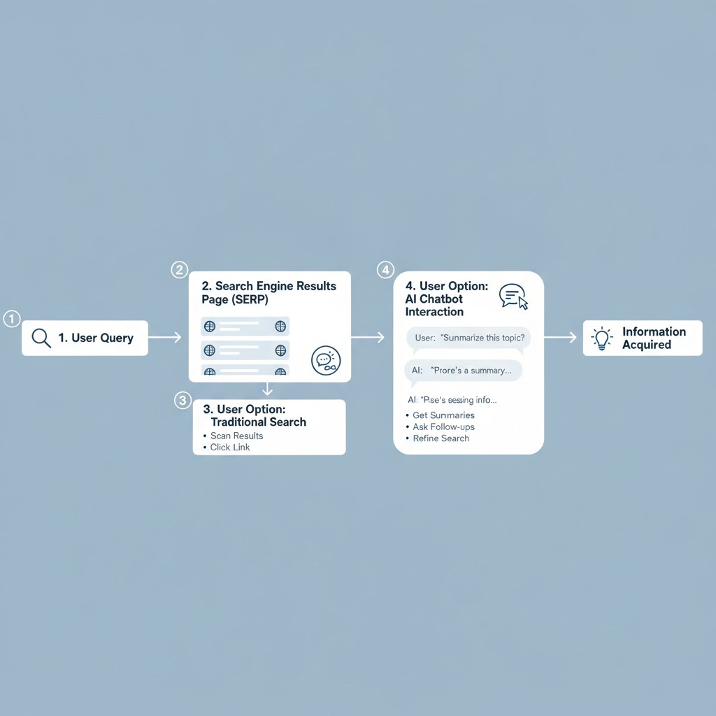 diagram showing user interaction with search engine results page and AI chatbot