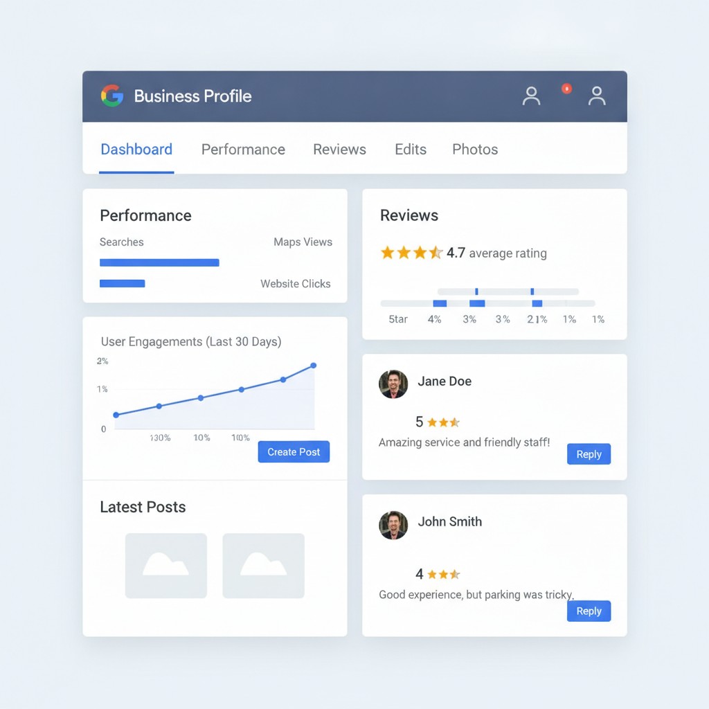Google Business Profile dashboard showing performance metrics and review management