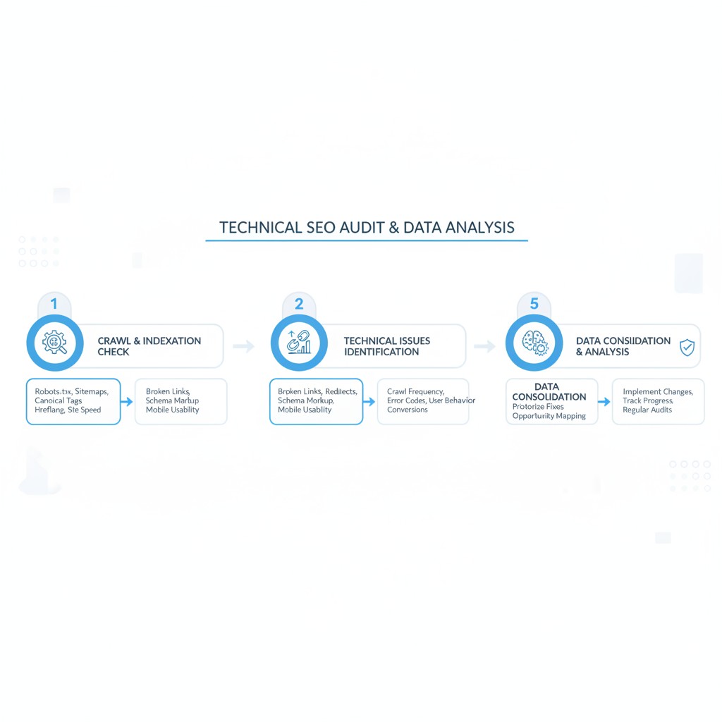 flowchart showing technical SEO audit steps and data analysis