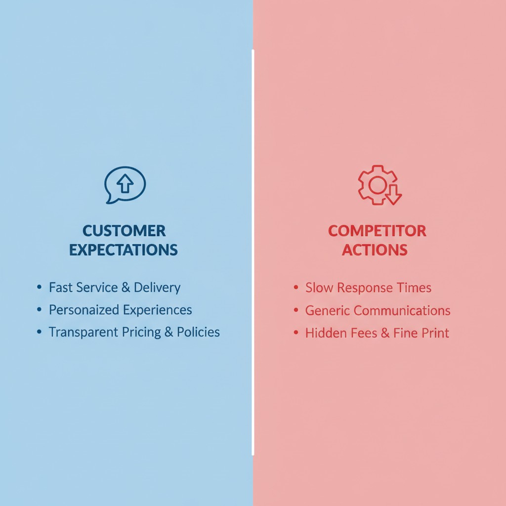 graphic comparing customer expectations vs competitor actions on a split screen