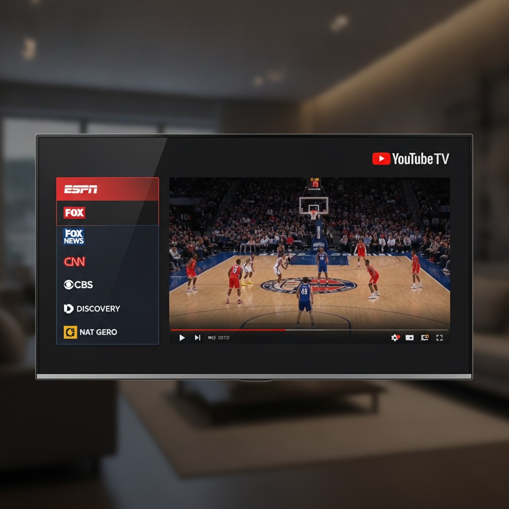 youtube tv interface showing channel selection on a modern television